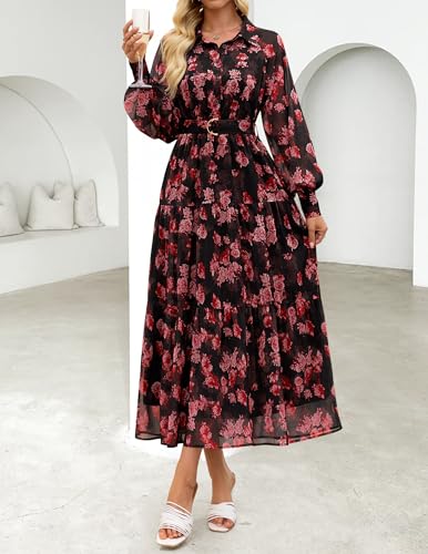 ZESICA Women's Spring Floral Long Sleeve Maxi Dresses 2026 Casual Button Belted Chiffon Boho Wedding Guest Party Dress