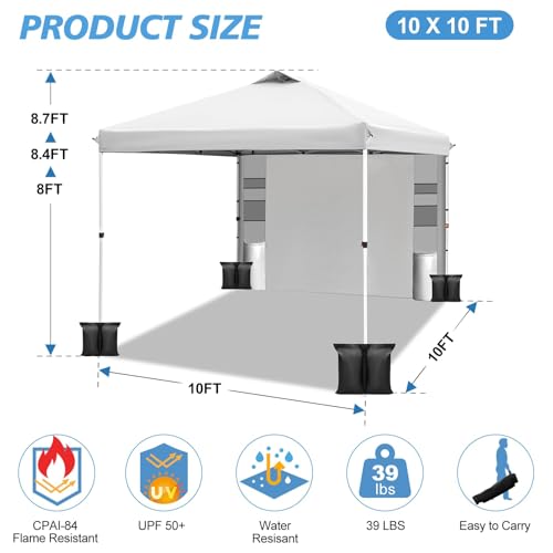 WEIZE 10x10 Pop Up Canopy Tent,One-Button Push Setup,Pop Up Tent with 1 Sidewall and 6 Pockets,Adjustable Height Instant P...