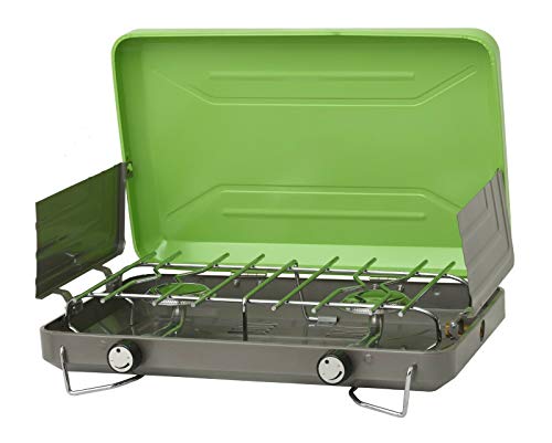 Flame King 2-Burner Camp Stove and (2) 1LB Refillable Propane Tanks for Outdoor Cooking, Backpacking, Hiking