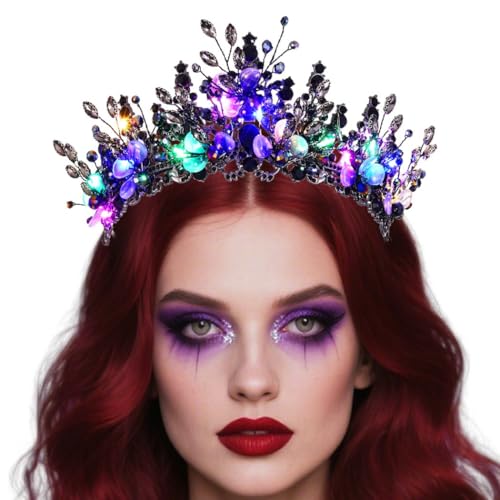 JAKAWIN Light Up Black Crown and Tiara Rhinestone Headpiece Halloween Costume Hair Accessories for Women