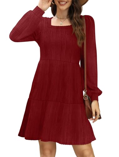 Sampeel Womens Square Neck Long Sleeve Fall Dresses Casual Babydoll Sweater Dress