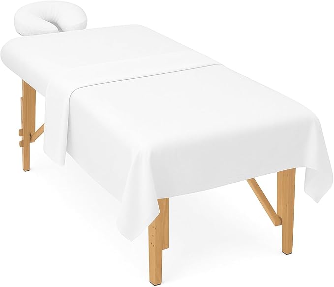 3 Sets Massage Table Sheets Set – Each Set Included 3pcs (Flat Sheet, Fitted Sheet, Face Rest Cover) – White Microfiber for Spa and Professional Use