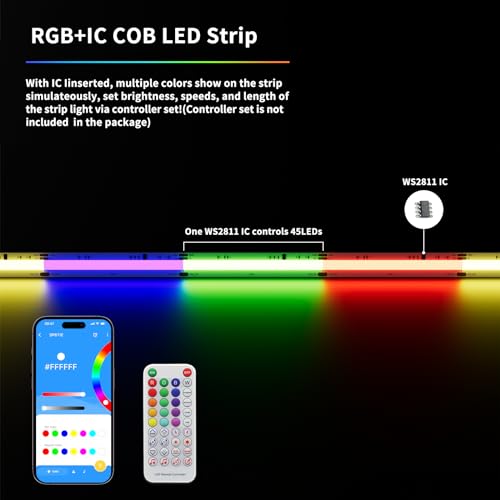 Gingsow RGB Smart IC COB LED Strip Light 18ft Addressable Chasing Color 12V LED Light Strip Multicolored Flexible RGB Ligh...