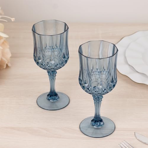 Balsa Circle 6 Disposable 8 oz Dusty Blue Crystal Cut Goblets – Clear Drinkware, Plastic Wine Glasses for Weddings Parties...