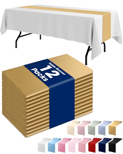 Pureegg Gold Plastic Table Runners - 12 Pack, 14'' x 108'', Water Resistant & Disposable Centerpiece Decorations for Table...
