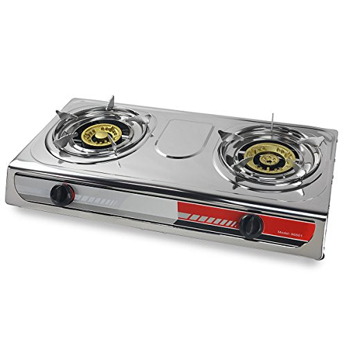 XtremepowerUS 27,000 BTU Double Burner Stove Auto Ignition Outdoor Propane Portable Camping RV Cooking Range Adjustable Kn...
