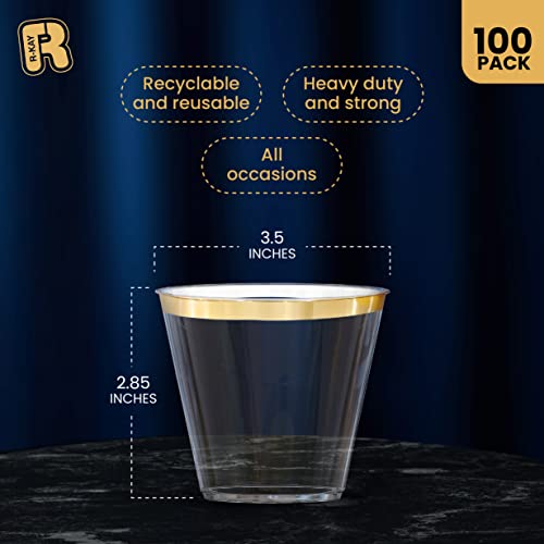 R-kay 100 Pack Gold Plastic Cups For Party - Plastic Cups 9 oz - Party Cups Disposable - Premium Heavy Duty Gold Cups - Di...
