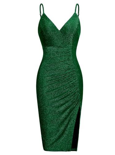 oten Women's Sexy Sparkle Dresses V Neck Spaghetti Straps Ruched Slit Bodycon Cocktail Party Midi Dress