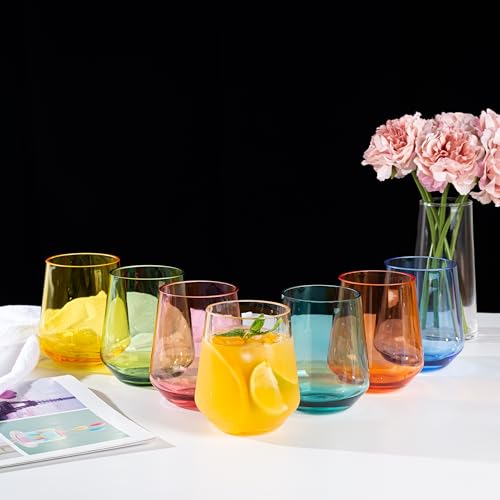 KX-WARE Unbreakable 16-ounce Acrylic Stemless Wine Glasses All Purpose Plastic Tumbler, set of 6 Multicolor Dishwasher Saf...