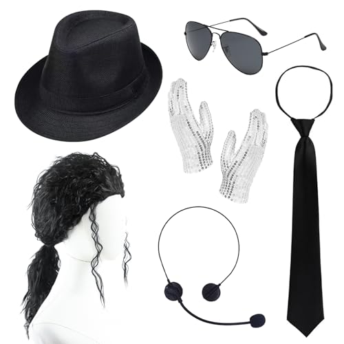Pop Star Costume 6 Pcs Pop Rockstar Dance Costume Accessories Include Black Hat Glasses Tie Sequins Gloves Balck Curly Wig...
