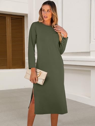ANRABESS Womens 3/4 Sleeve Striped Slit Midi T Shirt Dresses 2026 Summer Casual Beach Vacation Clothes Spring Travel Sundress