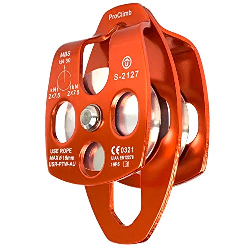ProClimb 30kN Large Aluminum Rope Pulley - Single/Double Sheave, CE/UIAA Certified