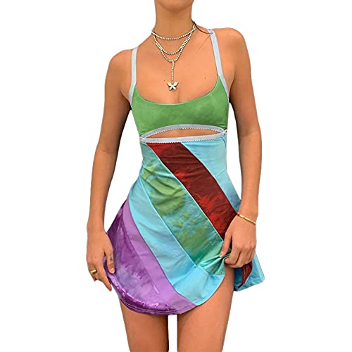 Y2K Dress for Women Summer Sleeveless Rainbow Bodycon Retro Going Out Dress 2000s 70s Halloween Costume