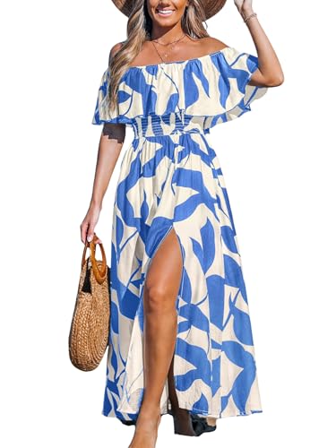 CUPSHE Women Ruffle Floral Maxi Summer Dress Off Shoulder Short Sleeve Backless Flounce Bodice Slit Hem Beach Dresses