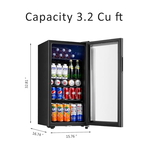 Saeoola Beverage Refrigerator, 3.2 Cu.ft Mini Fridge with Double Glass Door, Cooler for Soda, Beer or Wine for Home, Offic...