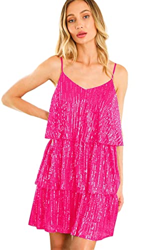 FANSI NOVA Women's Glitter Sequin Dress Adjustable Spaghetti Strap V Neck Fashion Sparkle Layered Evening Party Dress