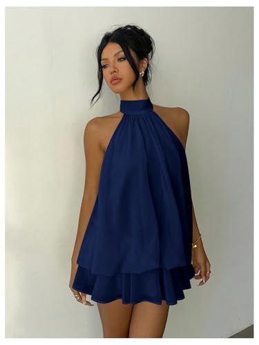 Verdusa Women's Chiffon Halter Drop Waist Wedding Guest Dresses Ruffle Summer Mini Dress Brunch Outfits