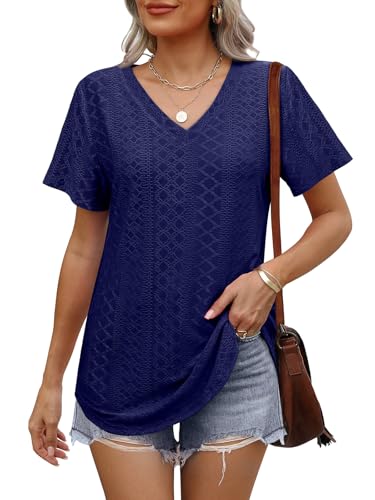 OFEEFAN Womens T Shirts V Neck Short Sleeve Casual Tops Loose Fit Basic Tees with Curved Hem