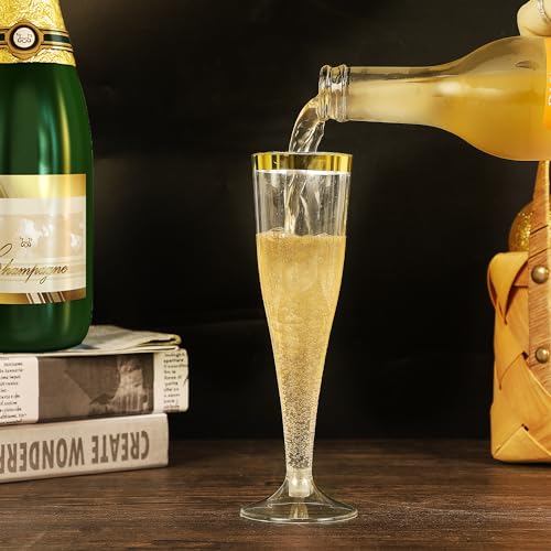 Zcaukya 100 Plastic Champagne Flutes, 4.5oz Clear Disposable Hard Stemware Cups with Golden Rim, Plastic Champagne Glasses...