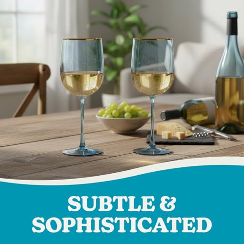 Blue Plastic Wine Glasses With Gold Rim - 12oz (5-Pack) Reusable, Disposable Cups for Parties and Events
