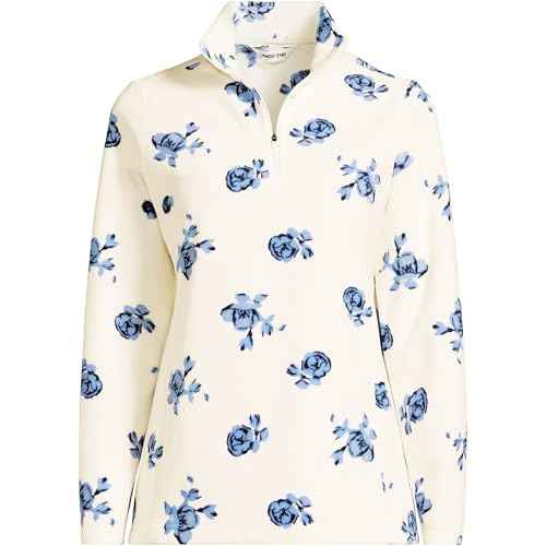 Lands' End Womens Fleece Quarter Zip Pullover Print Ivory/Clear Blue Tossed Floral Plus 3X