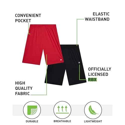 RBX Boys Athletic Shorts - 2 Pack Breathable Poly Fleece Boys Basketball Shorts with Pockets Youth Kids Gym Activewear