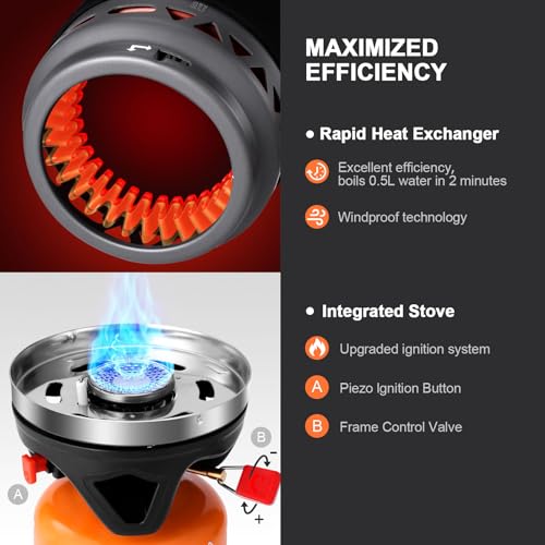 Odoland Heat Exchange Camping Pot with Backpacking Stove 7-In-1 Camping Cookware Mess Kit for Hiking, Trekking, Fishing an...