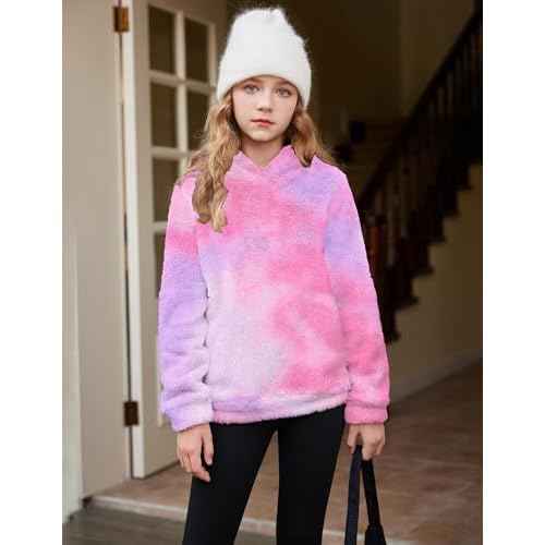 Arshiner Girls Fuzzy Fleece Hoodies Casual Sweatshirt Sherpa Pullover with Kangaroo Pockets