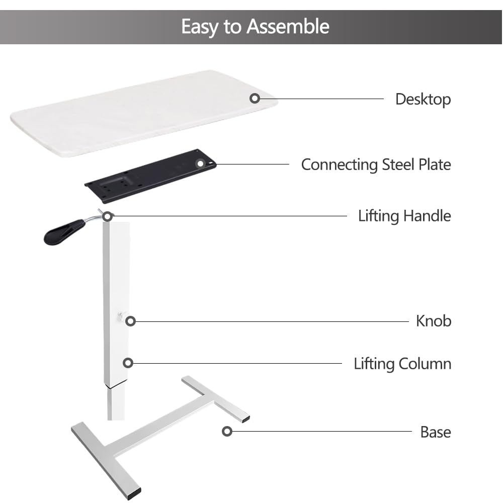 BeGyoku Overbed Table,Hospital Bed Table,Pneumatic Bed Tables Adjustable Over The Bed with Hidden Wheels&USB Port,Mobile Laptop Table Cart and Rolling Bedside Table with Tray Hospital Home Use-White1