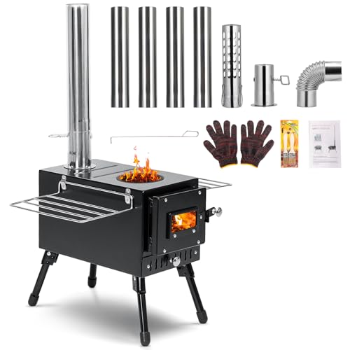 Wood Stove,YRenZ Hot Tent Stove with 7-Section Stainless Steel Chimney, HeatControl Stovepipe and Elbow Pipe, Wood Burning...