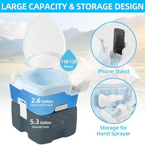 YITAHOME 5.28 Gallon Portable Toilet Camping Porta Potty with Diagonal Enlarged Bowl, Hand Sprayer and Press Flush Pump, S...