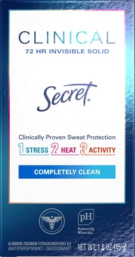 Secret Clinical Strength Antiperspirant and Deodorant for Women Invisible Solid, Completely Clean Scent, 72-hr Sweat Protection, 1.6 oz (Pack of 2)