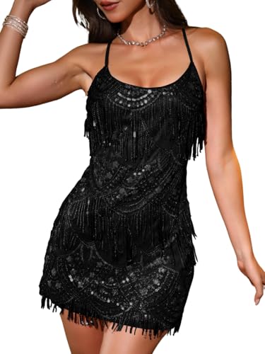 Kaei&Shi Sequin Mini Dress,Sparkly Fringe Cocktail Party Dresses for Women,Homecoming Disco Dance Outfits