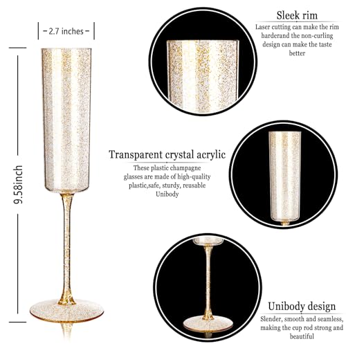 YOUBET 24 Pack Plastic Champagne Flutes - 6 Oz Gold Glitter Disposable Champagne Glasses - Square Plastic Wine Cups Weddin...