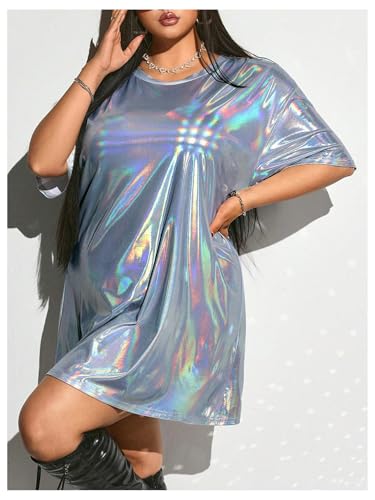 Floerns Women's Plus Size Metallic T Shirt Dress Streetwear Half Sleeve Tunic Short Dresses
