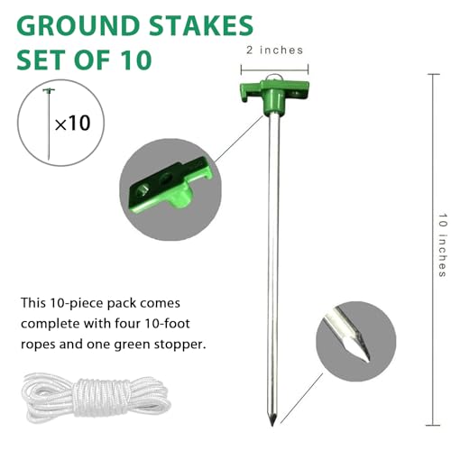 Eurmax USA Galvanized Non-Rust Camping Family Tent Pop Up Tent Stakes Canopy Anchors Heavy Duty 10pc-Pack, with 4x10ft Rop...