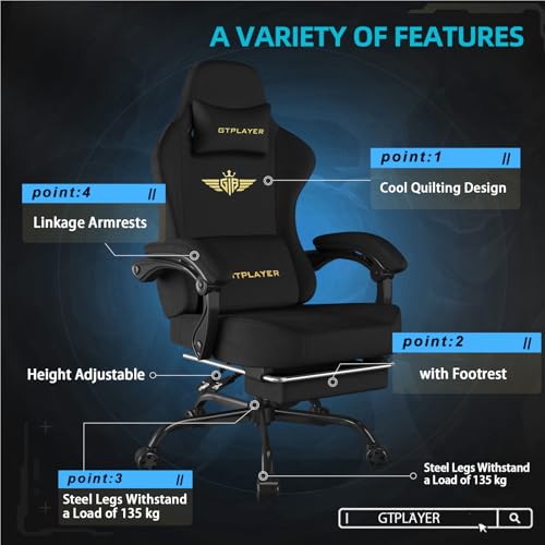 GTPLAYER Gaming Chair Fabric with Pocket Spring Cushion, Big and Tall Gamings Chairs 350LBS High Back Computer Chair with ...