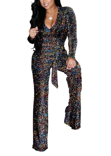 JTNFairy Sexy Sequin Jumpsuits for Women Plus Size Elegant Clubwear Sparkly High Waisted Wide Leg Pant Disco Outfits