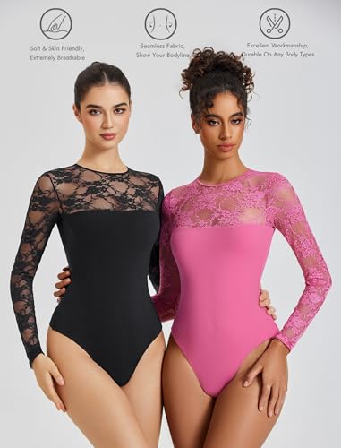 Avidlove Lace Long Sleeve Bodysuit for Women Crew Neck Body Suits Slimming Going Out Concert Tops Fall Outfits