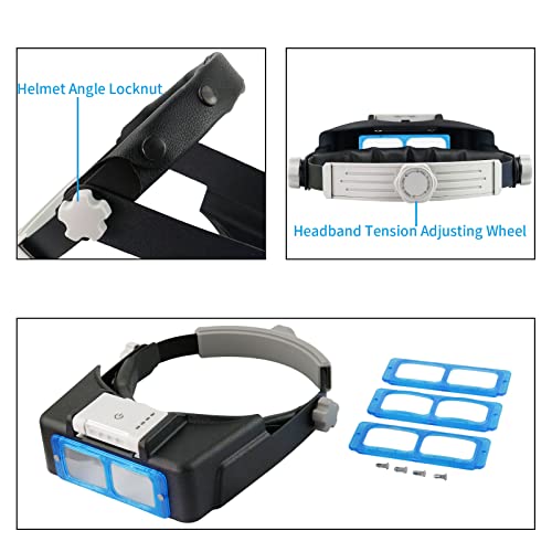 Beileshi Rechargeable Head-Mounted Magnifier with LED Light, Headband Double Lens Illuminated Reading Magnifier Loupe Jewe...