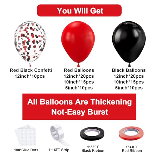 Bezente Red Black Balloons Garland Kit,100Pcs Black Red Balloons and Red Black Confetti Balloons Arch for Wedding Birthday...
