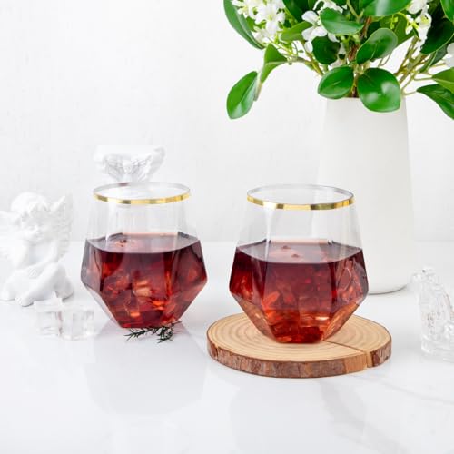LUODA Gold Diamond Shaped Plastic Stemless Wine Glasses Set of 24, Disposable 12 Oz Gold Plastic Whiskey Glasses for Birth...