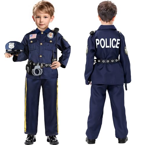 Police Officer Costume for Kids, Cop Costume Outfit Set with Toy Accessories, Halloween Costumes for Boys