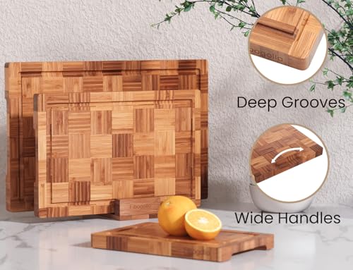 Fibogollo Bamboo Cutting Boards for Kitchen,Chopping Boards Set with Juice Groove,End Grain Bamboo Butcher Block,Serving B...