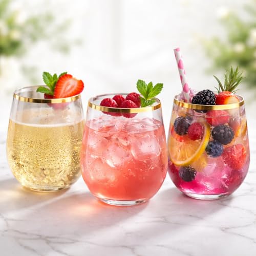 Oojami 36 piece Disposable Stemless Unbreakable Crystal Clear Plastic Wine Glasses Set of 36 (12 Ounce, Gold Rim)