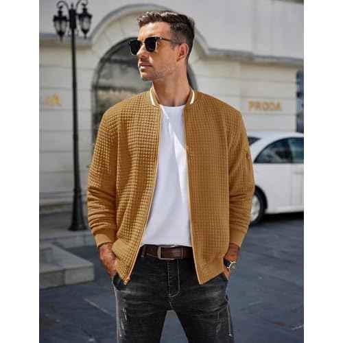COOFANDY Mens Zip Up Sweater Jacket Waffle Sweatshirt Knit Bomber Lightweight Casual Jackets