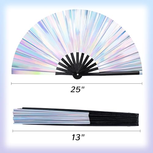 Folding Hand Fan, 13 Inch Glitter White Rave Decorative Hand Fans for Line Dancing Handheld Crafts for Festivals, Rainbow ...