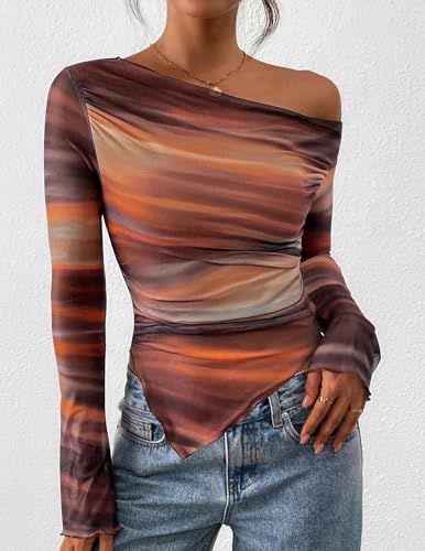 PRETTYGARDEN Womens Fall Trendy Off Shoulder Y2k Tops 2026 Tie Dye Mesh Long Sleeve Shirts Asymmetrical Ruched Floral Blouse