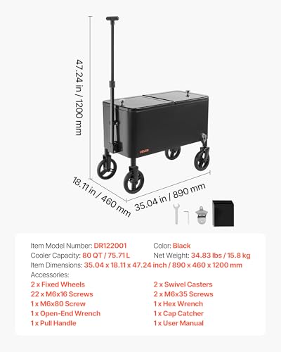 VEVOR 80 Quart Rolling Ice Chest Cart, with 2-Stage Telescopic Pull Handle and 2 Swivel Casters, Portable Table Beach Pati...