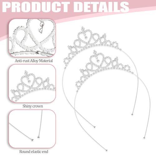 2Pcs Princess Crown Tiara Crystal Rhinestone Non-Slip Crown Headbands for Girls & Women